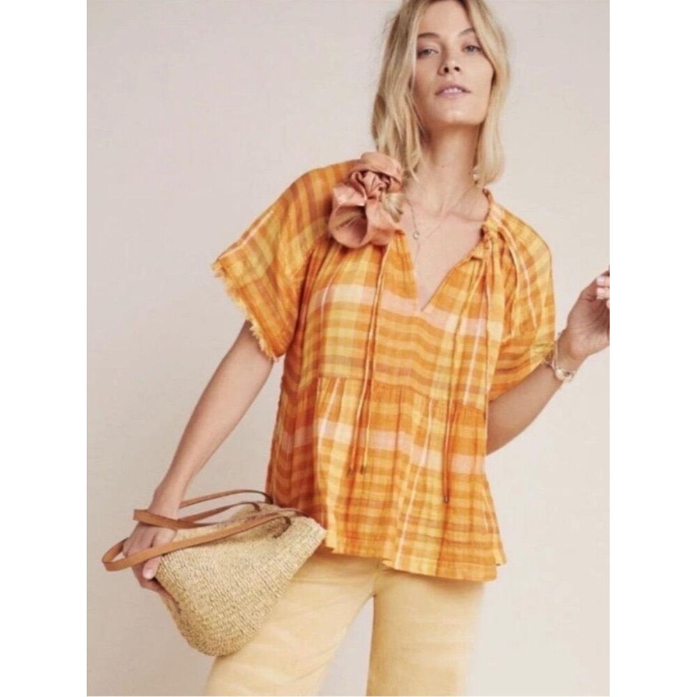 Anthropologie Pilcro Orange Yellow Plaid Peasant Tunic. Bohemian. Prairie. M